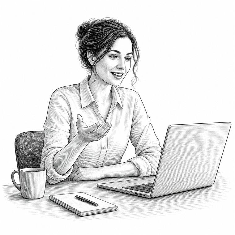 Kobieta przy biurku rozmawia przez laptopa
