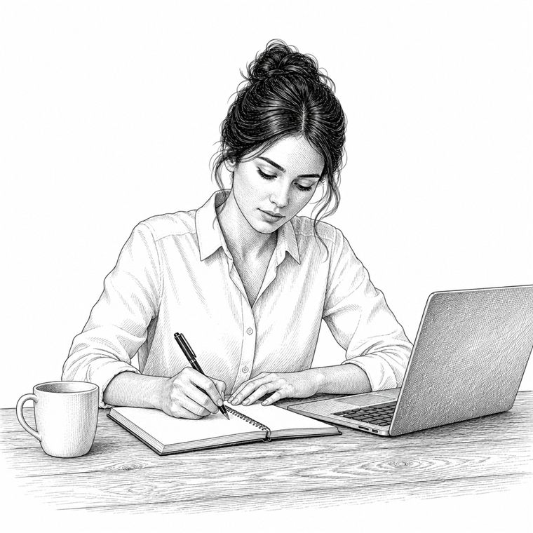 Kobieta zapisuje plan w notesie, obok otwarty laptop
